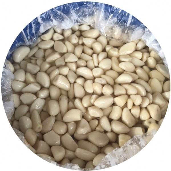Preserved fresh white garlic cloves in brine in drums