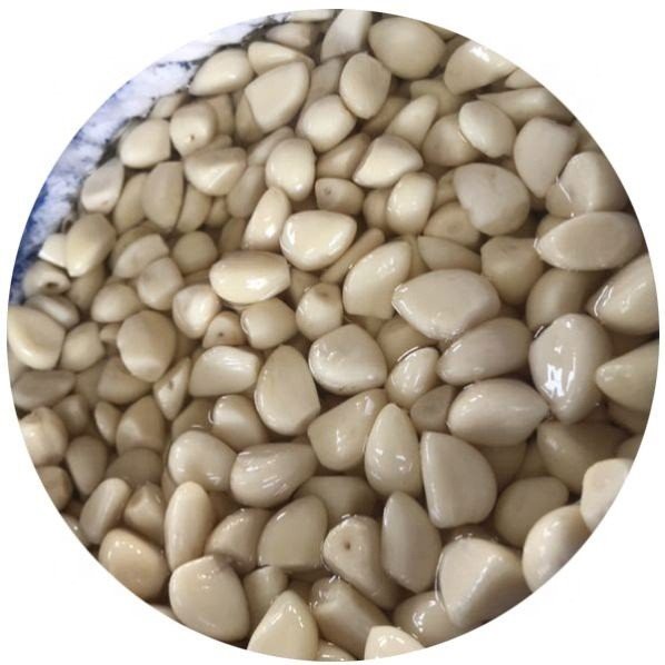 Salted peeld white garlic in brine in drums